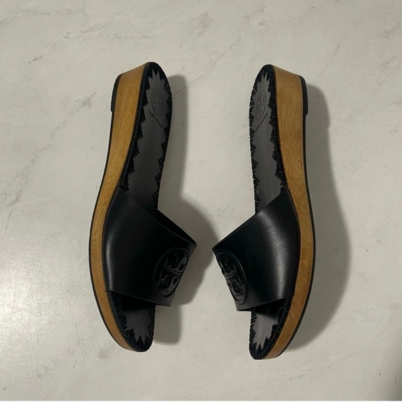 Tory Burch Aerin Black Leather Wooden Wedge Platform Slide Sandals Size 6.5 - Picture 4 of 7